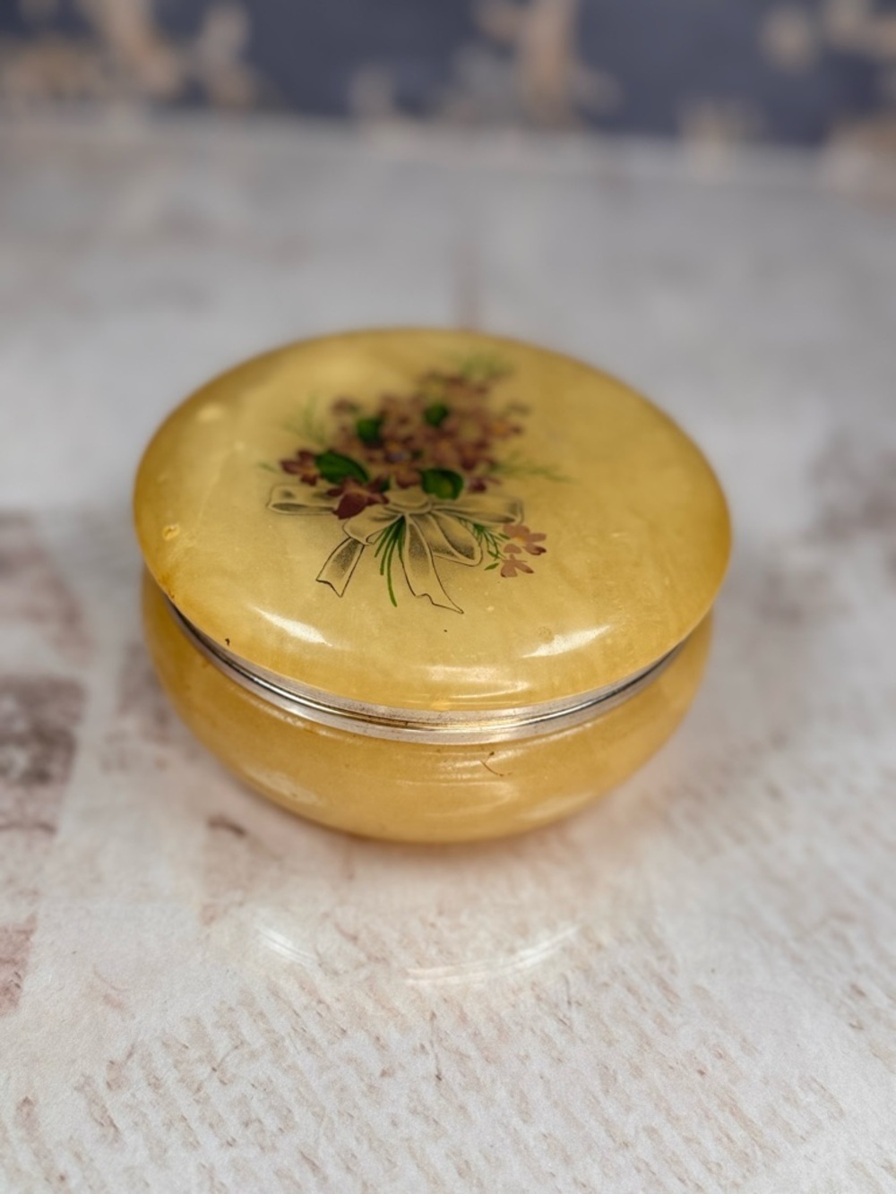 Vintage Alabaster Stone Trinket Box Floral Lid Hinged Round Heavy